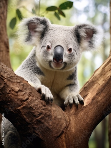 Curious Koala. Grey Marsupial of Australian Fauna in Brisbane Zoo