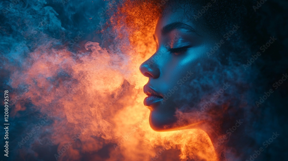 Profile of a woman blending into fiery and glowing textures Profile of a woman blending into fiery and glowing textures
