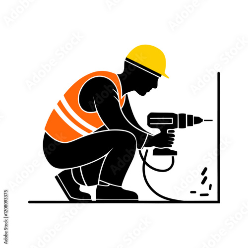 Construction Worker Drilling In a Hole Wall Silhouette Illustration