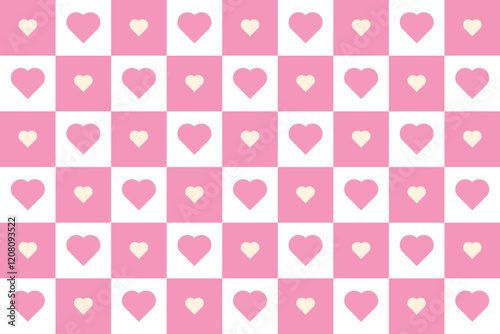 Charming retro groovy checkerboard pink, yellow and white checkerboard pattern with various heart shapes, perfect for Valentine's Day or romantic-themed designs.