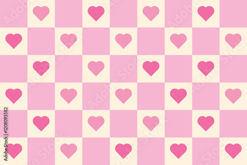 A charming retro groovy pink and cream checkerboard pattern adorned with heart shapes, perfect for Valentine's Day or romantic designs.