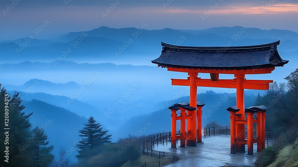 Majestic Red Torii Gate Over Misty Mountain Landscape