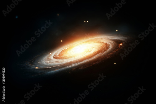 a bright spiral galaxy with glowing star arms extending outward.