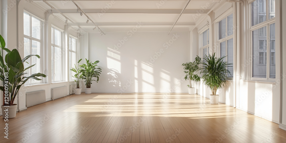 Fototapeta premium Empty white room with a wooden floor and plants