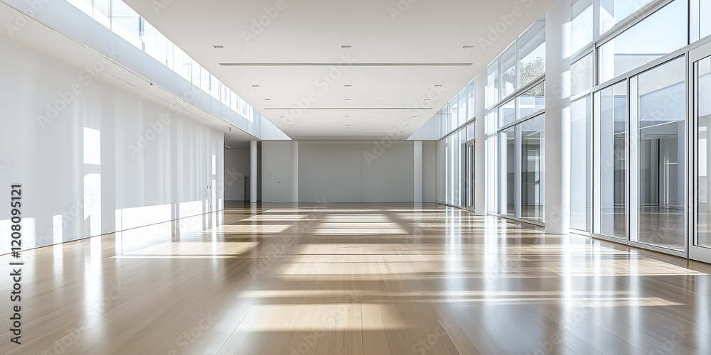 Empty white room with a wooden floor, large windows, and natural light streaming in, emphasizing minimalism and openness Empty white room with a wooden floor, large windows, and natural light streaming in, emphasizing minimalism and openness