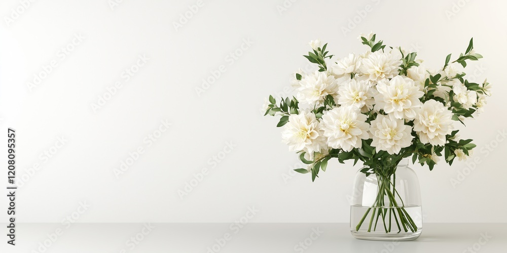 Vase filled with a bouquet of white flowers on a minimalist white table and background. Elegant interior decoration Vase filled with a bouquet of white flowers on a minimalist white table and background. Elegant interior decoration