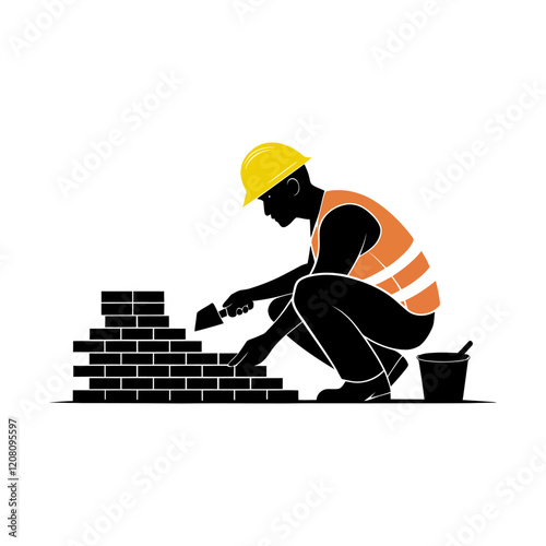 Silhouette of a Construction Worker Laying Bricks