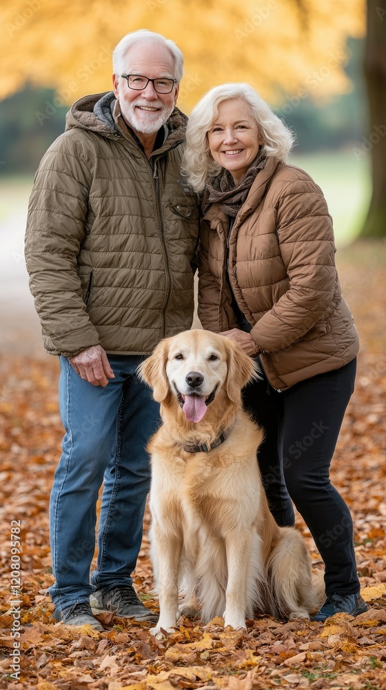 Couple enjoys a sunny autumn afternoon with their golden retriever in a park surrounded by colorful foliage Couple enjoys a sunny autumn afternoon with their golden retriever in a park surrounded by colorful foliage
