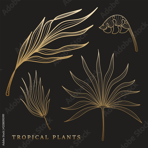 Set of gold silhouettes tropical plants on the black background. Exotic leaves design for tattoo art, card templates, cover pages. Beauty botanical vector illustration. 