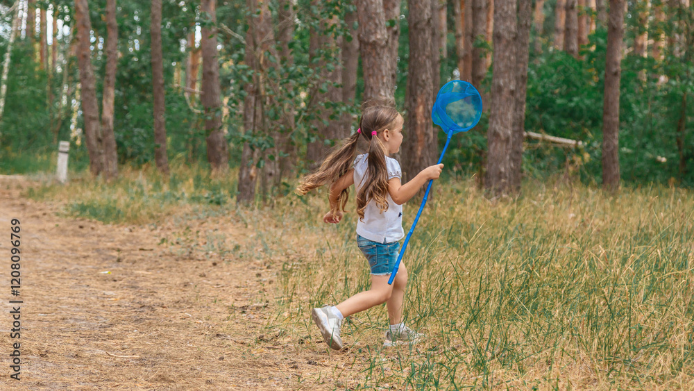 A child catches a butterfly in the park. Summer activity, nature. A child catches a butterfly in the park. Summer activity, nature.