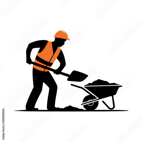 Construction Worker Loading Wheelbarrow with Shovel