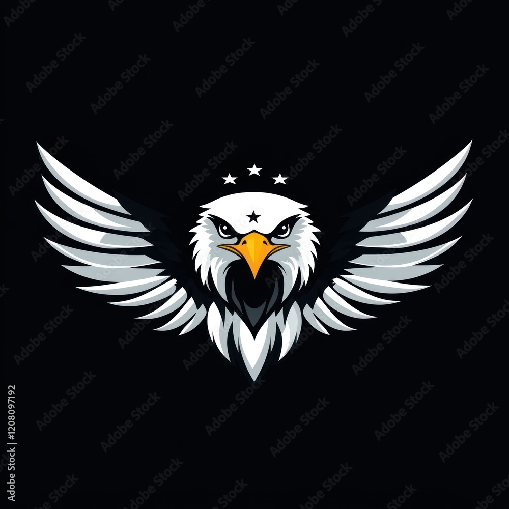 Fototapeta premium Eagle facing front with spread wings and three stars above head, on solid dark background