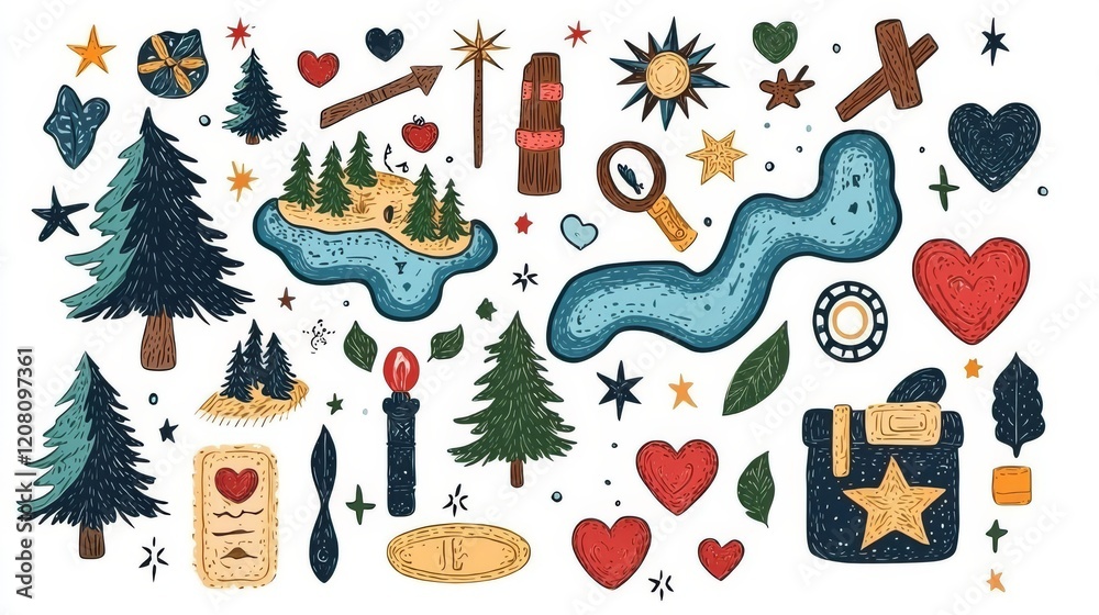 Naklejka premium A whimsical collection of hand-drawn nature and adventure elements.