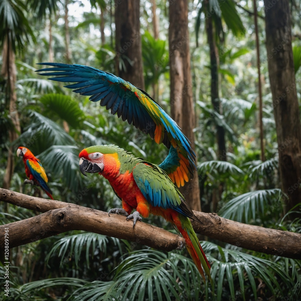 Obraz premium A vibrant parrot spreading its wings in a tropical rainforest, side-view, with blurred tree trunks in the background. 