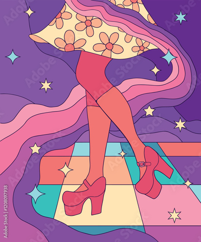 retro style, disco dance illustration, bright vibrant colors, dancing legs	