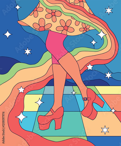 retro style, disco dance illustration, bright vibrant colors, dancing legs