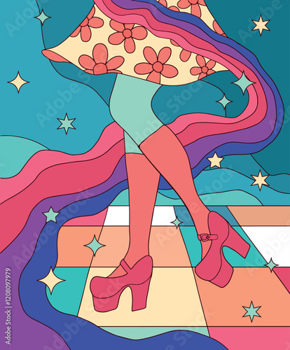 retro style, disco dance illustration, bright vibrant colors, dancing legs	