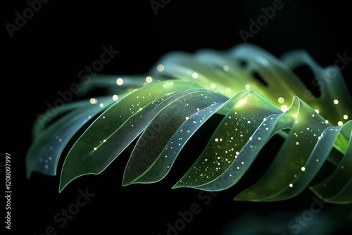 neon-green monstera leaf on black background