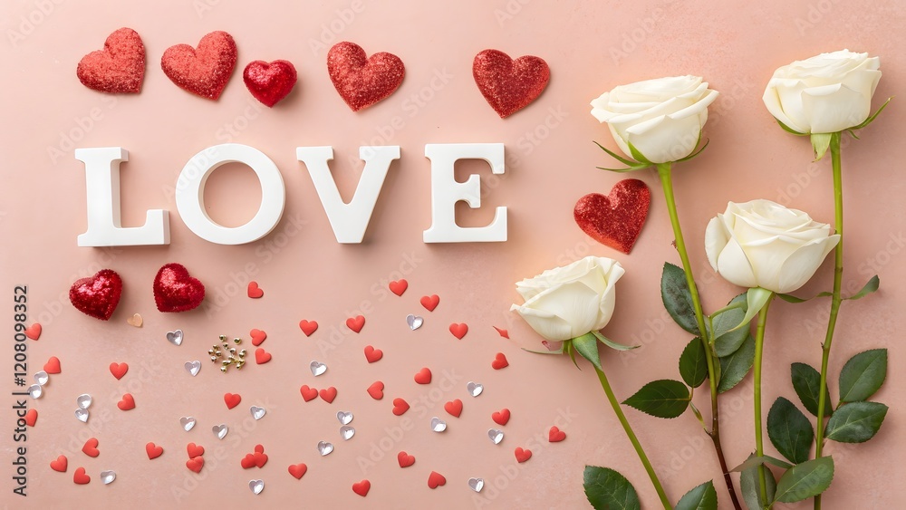 
A romantic and cheerful flat-lay composition on a light pink background. the word 'LOVE' and white roses with green stems, red heart-shaped decorations