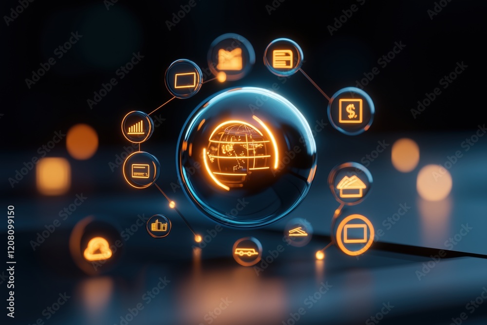 3D holographic sphere with digital network icons glowing in the dark. Concept of global technology and innovation 3D holographic sphere with digital network icons glowing in the dark. Concept of global technology and innovation