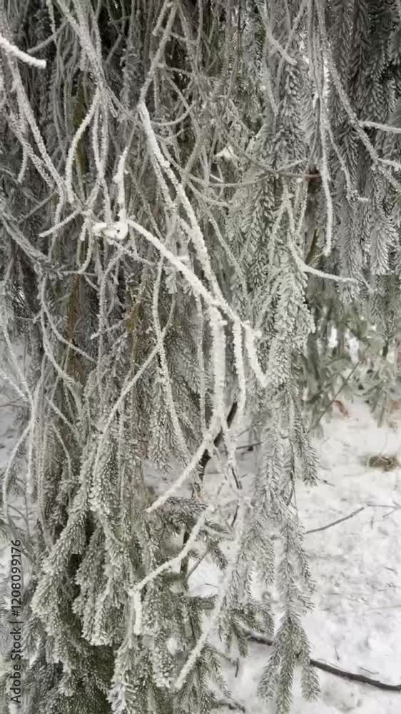 Frost-covered branches create a stunning winter landscape in a snowy forest area Frost-covered branches create a stunning winter landscape in a snowy forest area