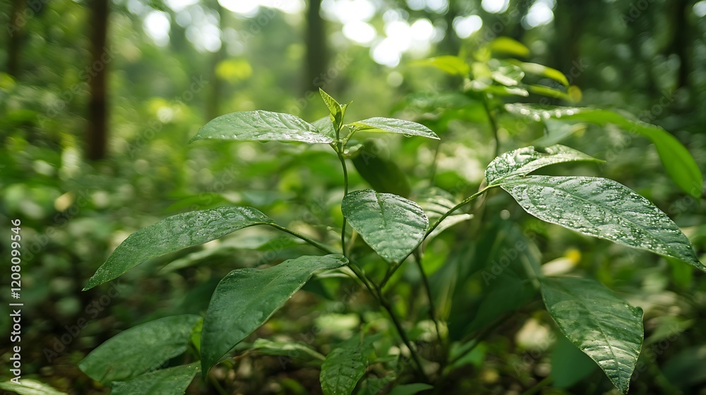 Tropical jungle background with palm leaves and sunlight. Nature concept