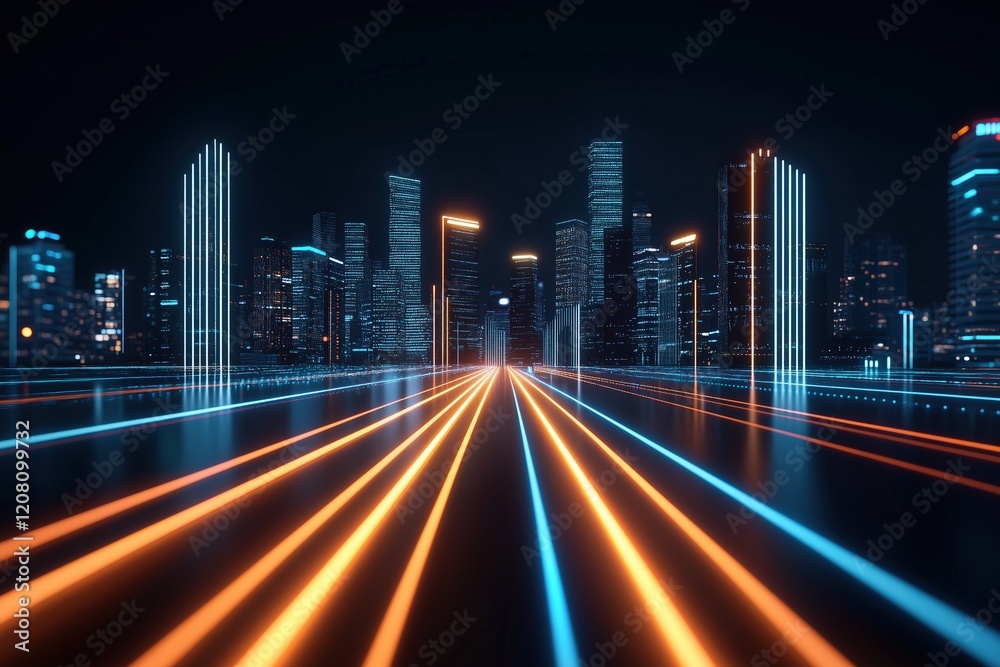 Fototapeta premium Night city view with glowing light trails and skyscrapers in the background. Modern urban life and technological innovation