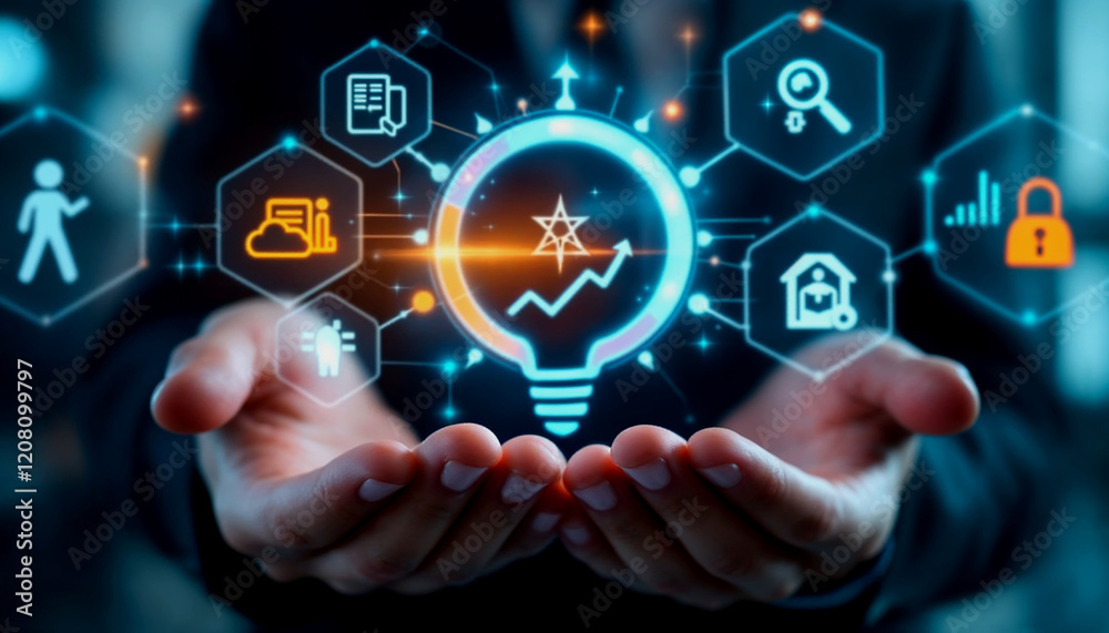 Business Innovation and Technology Concept Hands Holding Holographic Lightbulb Business Innovation and Technology Concept Hands Holding Holographic Lightbulb