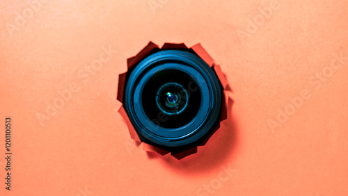 Bilde på lerret A camera lens is shown in a bright orange background