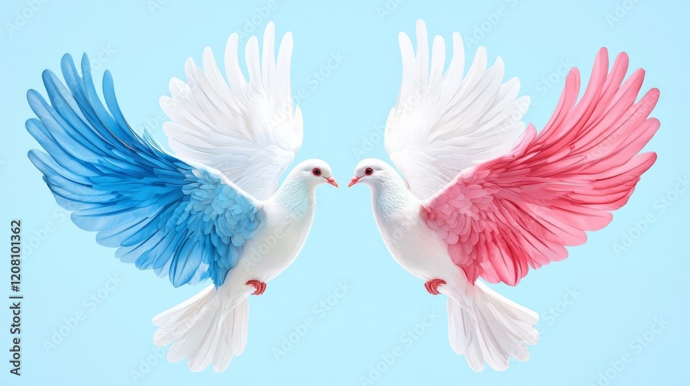 Fototapeta premium Doves with vibrant colored wings in harmony.