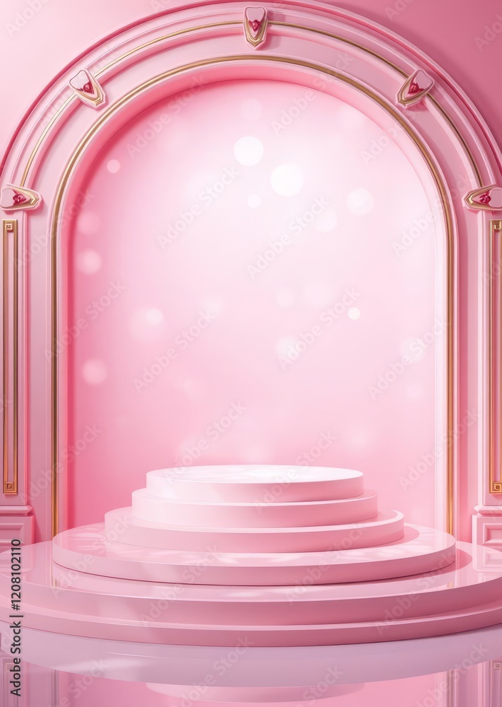 Pink pastel dreamscape, ornate arched doorway, circular pedestal platform, soft glowing light, romantic atmosphere, minimalist elegance, Valentine's Day theme, 3D render, product display backdrop, eth Pink pastel dreamscape, ornate arched doorway, circular pedestal platform, soft glowing light, romantic atmosphere, minimalist elegance, Valentine's Day theme, 3D render, product display backdrop, eth