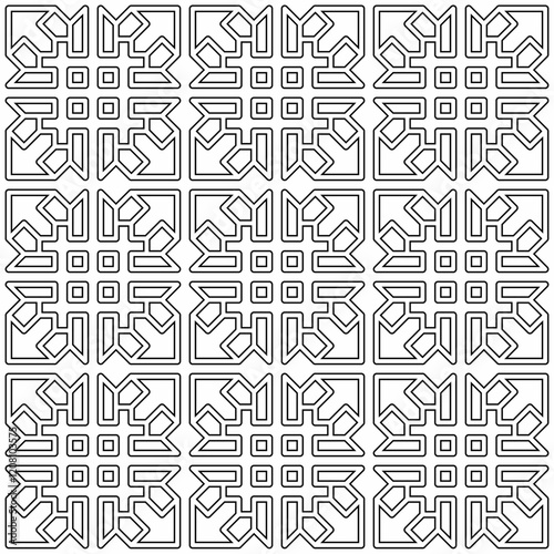 Symmetrical black line art creates a seamless geometric pattern on a white background. Ideal for coloring books, artistic designs, or backgrounds.