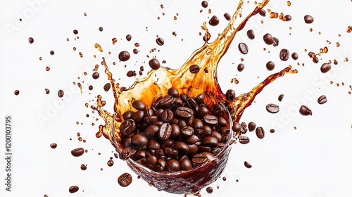 Roasted Coffee Beans in Splashes of Delicious Coffee Cut Out

 photo