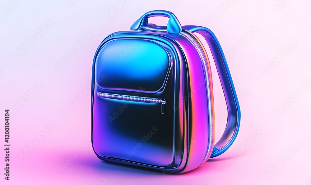 Fototapeta premium Iridescent backpack, studio shot, colorful background, school supplies