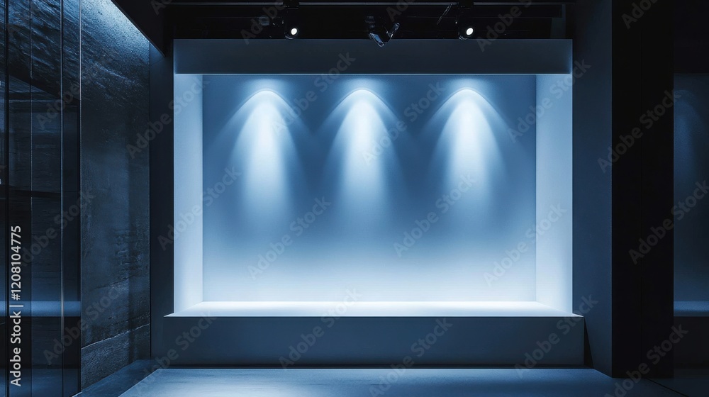 Modern gallery space with dramatic blue lighting and spotlit walls for exhibitions Modern gallery space with dramatic blue lighting and spotlit walls for exhibitions