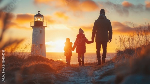 Man and child walking along a path towards a lighthouse on a sunny day by the coast