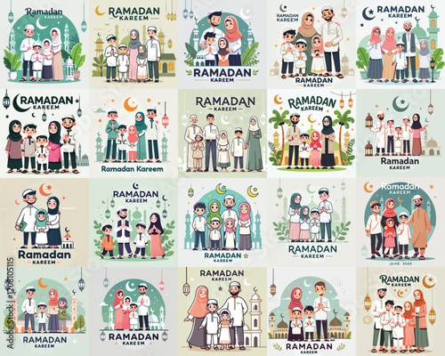 vector  set of muslim family praying in the month of ramadan