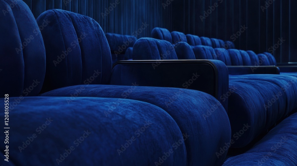 Obraz premium Luxurious blue velvet cinema seats in an empty theater setting