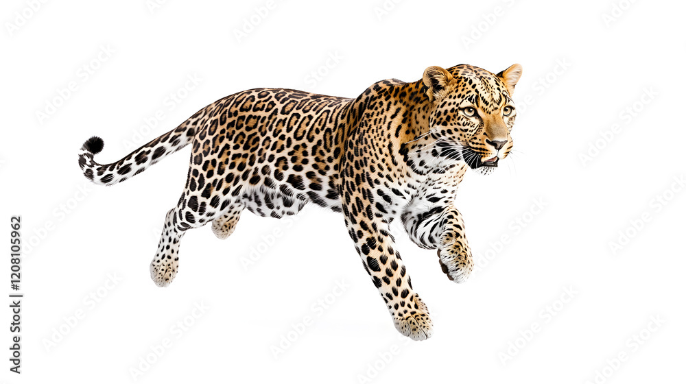 Fototapeta premium Leopard running at full speed isolated on white background