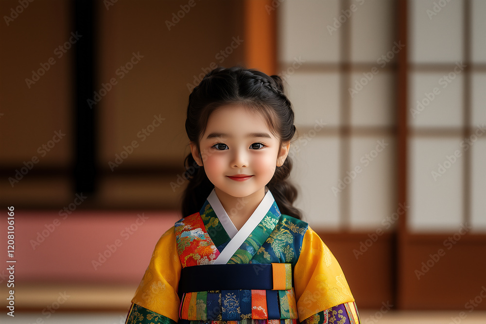 Fototapeta premium Smiling Korean Girl Child wearing colorful Hanbok, in a traditional room, for Traditional Korean Holidays, Chuseok, Seollal