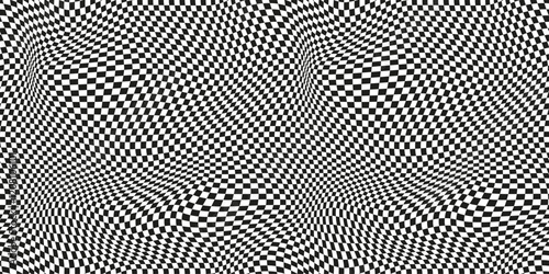 Seamless checkerboard wave background pattern. Checkered wave trippy. Groovy chessboard wave background Y2k style.