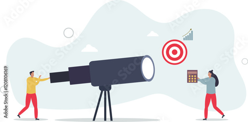 Cartoon tiny people search marketing information, analyze algorithms and statistic data with telescope.flat characters.