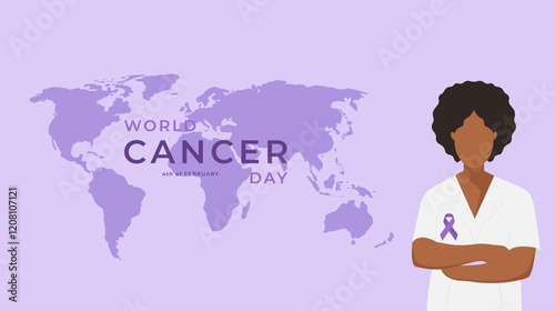 World Cancer Day, February 4: A banner design featuring a doctor and a purple ribbon. A vector illustration.