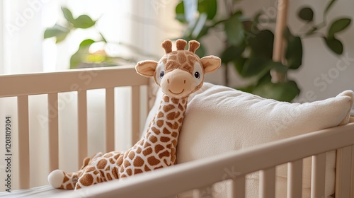 A plush giraffe toy leaning against a soft beige crib bumper