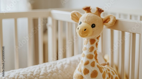 A plush giraffe toy leaning against a soft beige crib bumper