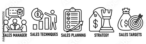 Sales management banner web icon vector illustration concept with icon of manager, sales techniques, planning, strategy, and targets