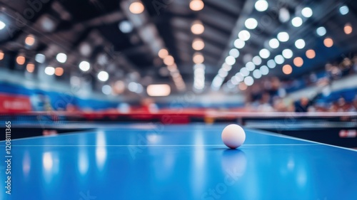 Table tennis ball poised on a blue table in a vibrant sports hall during a competitive match