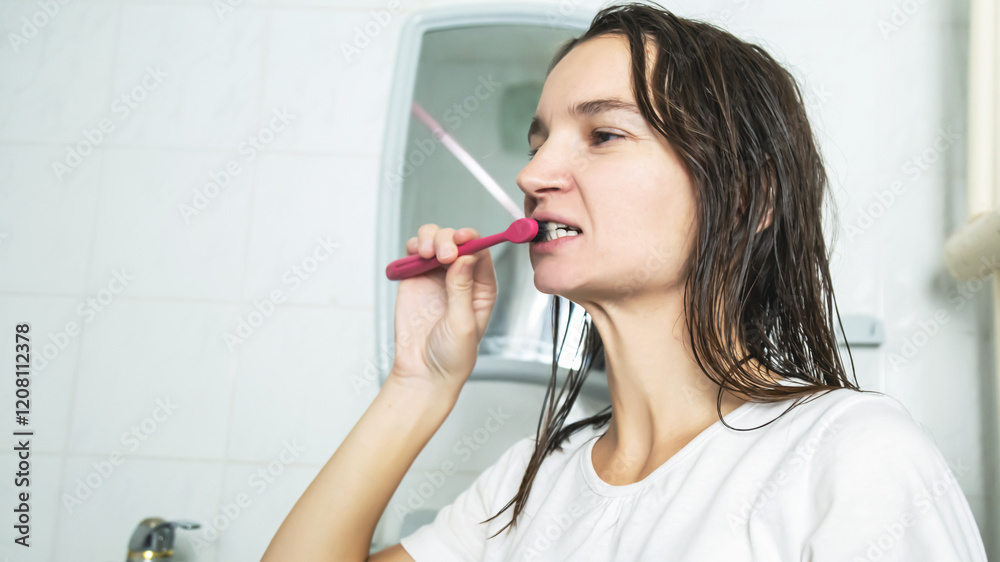 Young woman brushing teeth toothbrush in bathroom. Young woman brushing teeth toothbrush in bathroom.