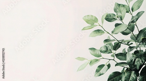 Lush Green Leaves on Branch Isolated Against White Background