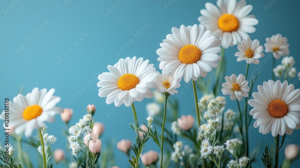 Fototapeta premium Bouquet of daisies and small white flowers with pink buds blooming on a turquoise background, perfect for spring and summer themes